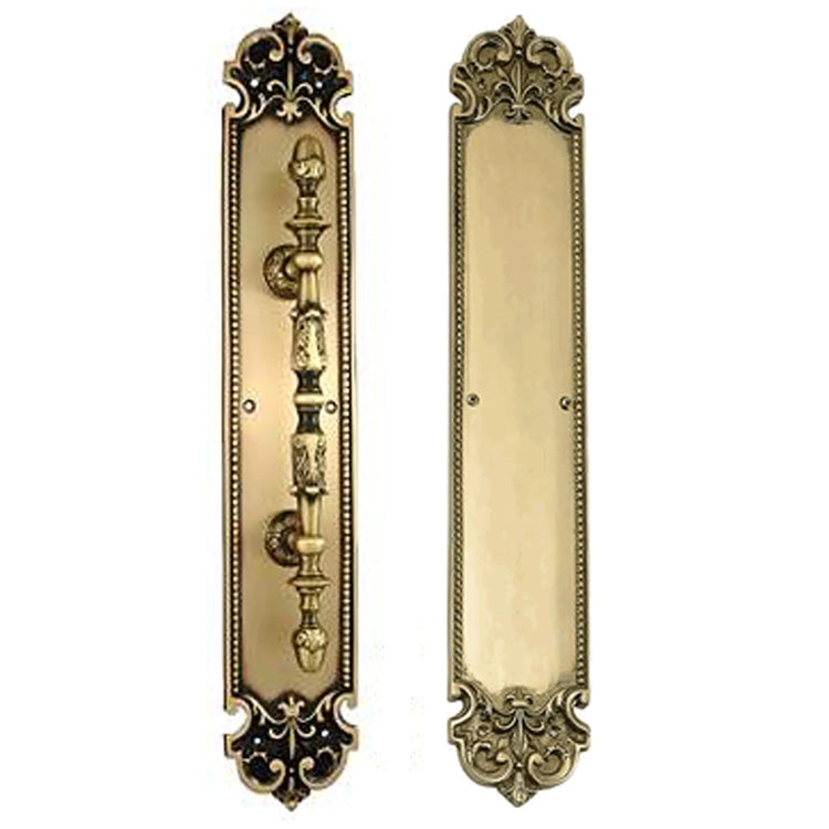 ##Antique Hardware## 18 Inch (14 7/8 Inch C-C) Solid Brass Traditional Fleur-De-Lis Door Pull & Push Plate Set