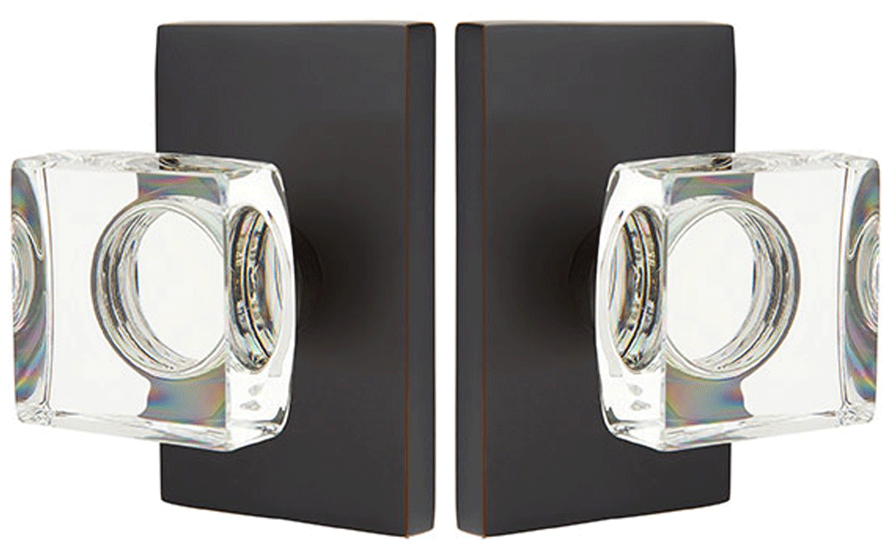 Antique Hardware Emtek Modern Square Crystal Door Knob Set With Modern Rectangular Rosette (Several Finish Options) EMTEK GLASS CRYSTAL MODERN SQUARE DOOR KNOB