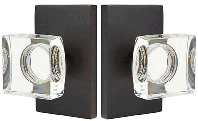 Antique Hardware Emtek Modern Square Crystal Door Knob Set With Modern Rectangular Rosette (Several Finish Options) EMTEK GLASS CRYSTAL MODERN SQUARE DOOR KNOB