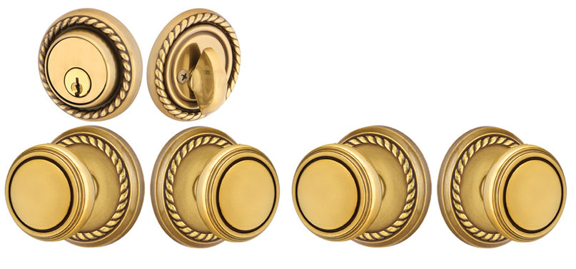 ##Antique Hardware## Emtek Solid Brass Norwich Door Knob Deadbolt Set with Georgian Rope Rosette