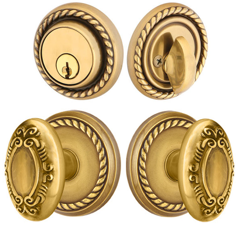 ##Antique Hardware## Emtek Solid Brass Victoria Door Knob Deadbolt with Georgian Rope Rosette