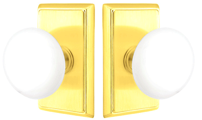 ##Antique Hardware## Ice White Porcelain Door Knob Set With Rectangular Rosette (Several Finish Options)