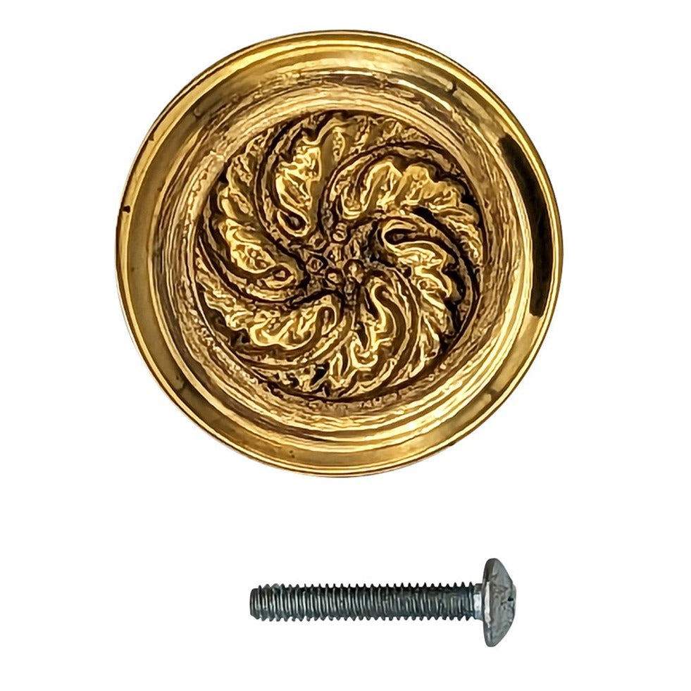 ##Antique Hardware## 1 4/5 Inch Solid Brass Round Floral Print Leaf Cabinet & Furniture Knob