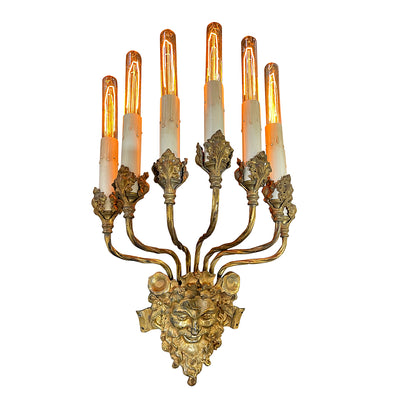 ##Antique Hardware## 24 Inch Tall 7-Light Brass Face Heavy Sconce