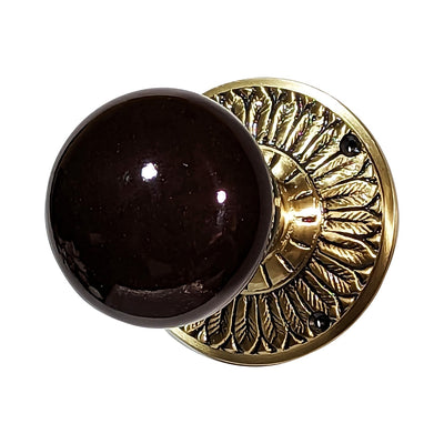 Antique Hardware Brown Porcelain Door Knob with Brass Feathers Rosette Door Knobs & Handles