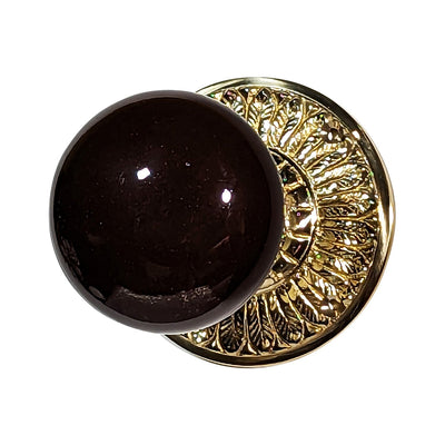 Antique Hardware Brown Porcelain Door Knob with Brass Feathers Rosette Door Knobs & Handles