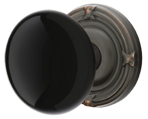 ##Antique Hardware## Black Porcelain Ebony Door Knob Set With Ribbon & Reed Rosette (Several Finish Options)