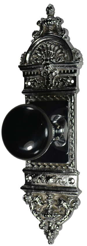 ##Antique Hardware## L'Enfant Small Backplate Door Set with Black Porcelain Door Knobs (Polished Chrome)