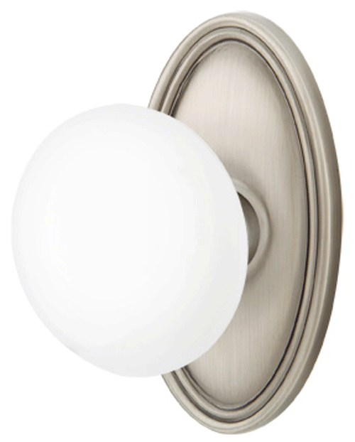 ##Antique Hardware## Ice White Porcelain Door Knob Set With Oval Rosette (Several Finish Options)