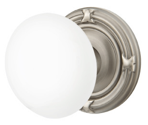 ##Antique Hardware## Ice White Porcelain Door Knob Set With Ribbon & Reed Rosette (Several Finish Options)