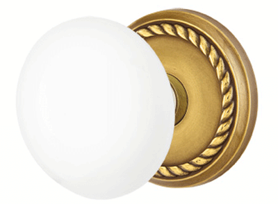 ##Antique Hardware## Ice White Porcelain Door Knob Set With Rope Rosette (Several Finish Options)