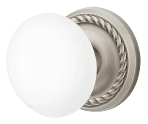 ##Antique Hardware## Ice White Porcelain Door Knob Set With Rope Rosette (Several Finish Options)