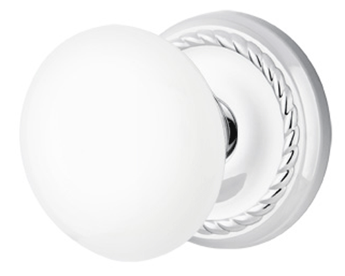 ##Antique Hardware## Ice White Porcelain Door Knob Set With Rope Rosette (Several Finish Options)