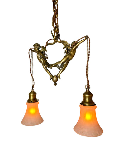 ##Antique Hardware## 22 Inch Handmade Antique Cherub Two-Light Chandelier With Brass Chain