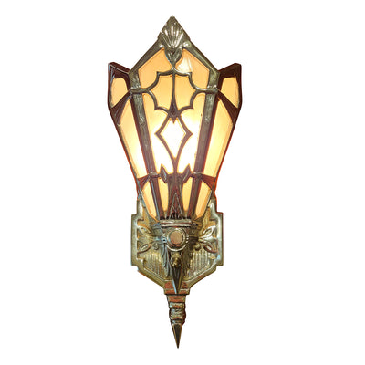 ##Antique Hardware## 14 Inch Art Deco Stained Glass Shade Pink Champagne Wall Sconce in Polished Chrome