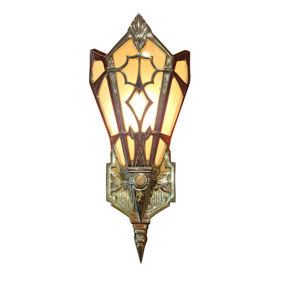 ##Antique Hardware## 14 Inch Art Deco Stained Glass Shade Pink Champagne Wall Sconce in Polished Chrome