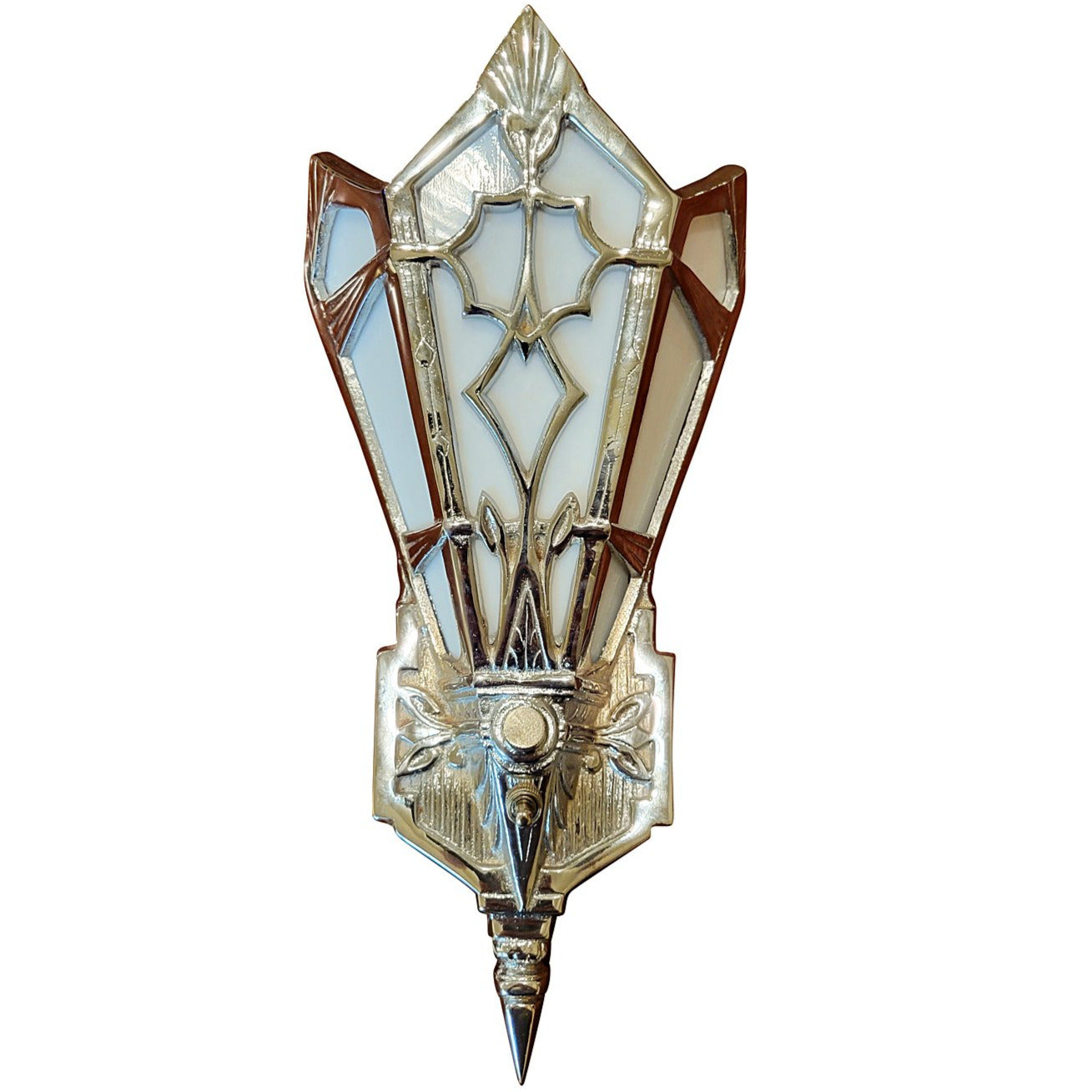 ##Antique Hardware## 14 Inch Art Deco Stained Glass Shade White Opalescent Wall Sconce in Polished Chrome