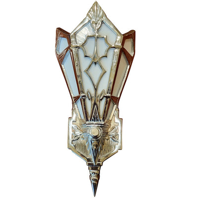 ##Antique Hardware## 14 Inch Art Deco Stained Glass Shade White Opalescent Wall Sconce in Polished Chrome