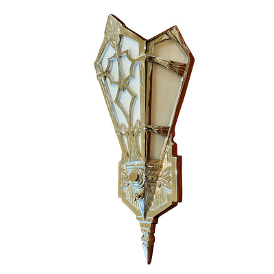 ##Antique Hardware## 14 Inch Art Deco Stained Glass Shade White Opalescent Wall Sconce in Polished Chrome